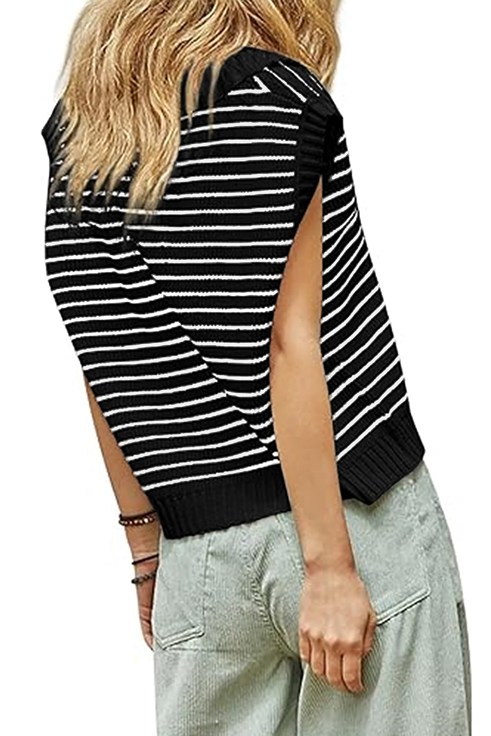 Schwarzes, gestreiftes Umlege-Tanktop mit V-Ausschnitt