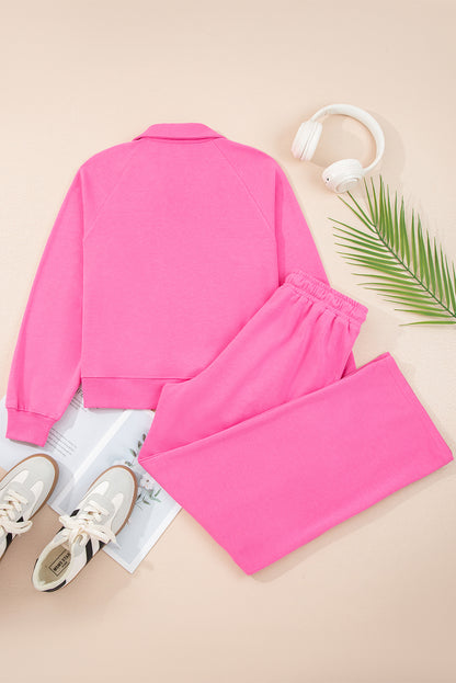 Sachet Pink Solid Color Collared Pullover and Central Seam Pants Set