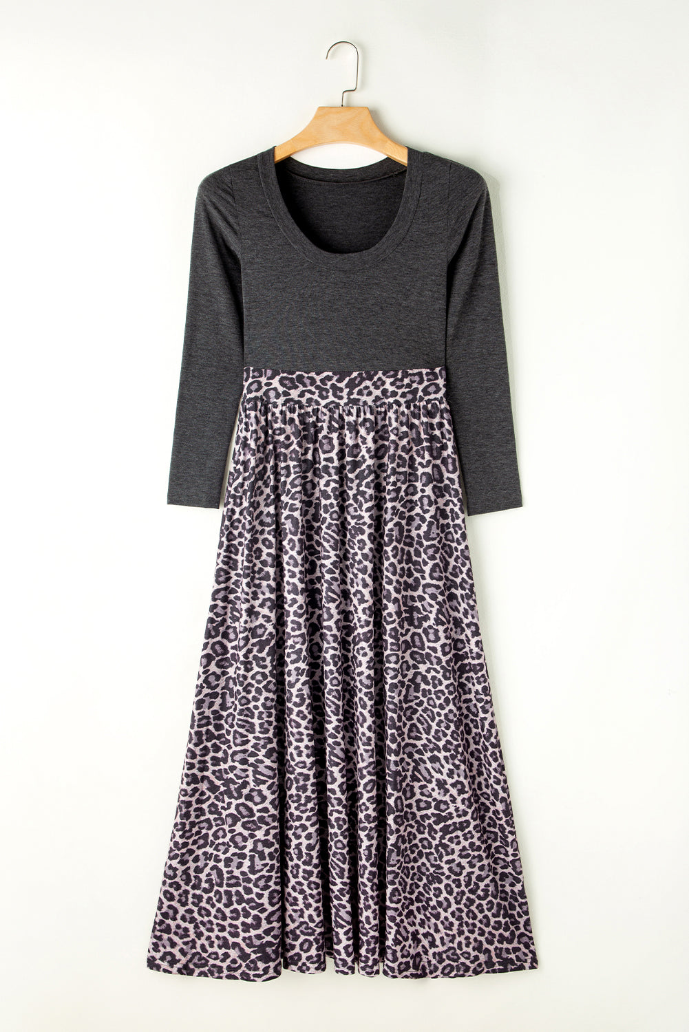 Black Long Sleeve Fitted Bodice Leopard Maxi Dress