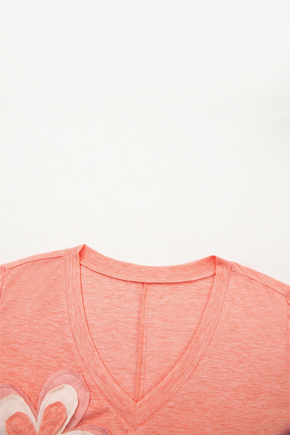 Fresh Salmon Floral Patchwork Langarm T-Shirt mit V-Ausschnitt