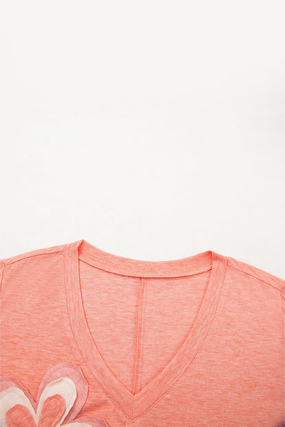 Fresh Salmon Floral Patchwork Langarm T-Shirt mit V-Ausschnitt