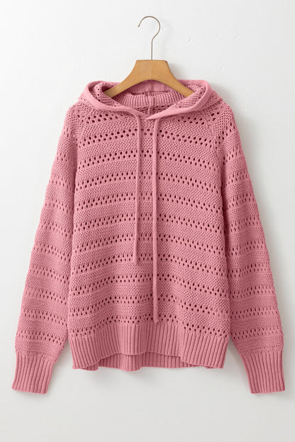 Pfirsichblüten-Pointelle-Strickpullover mit Raglanärmeln und Kapuze