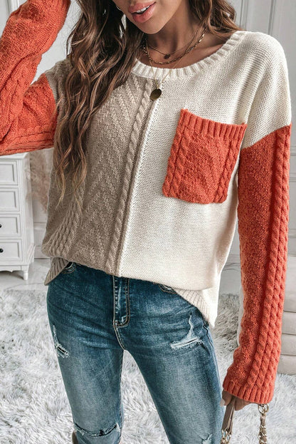 Pullover mit überschnittener Schulter und aufgesetzter Tasche in Colorblock-Optik in Gold Flame