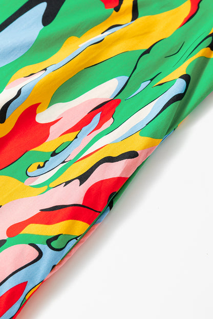 Grünes Minikleid mit abstraktem Print, Rüschenkragen und Rüschenärmeln
