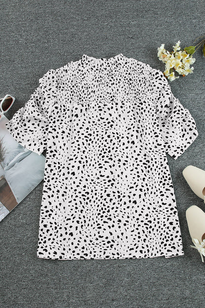 Bluse mit Leopardenmuster und Smok-Detail und Puffärmeln