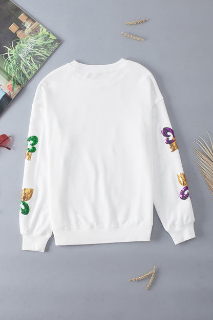 Weißes Pullover-Sweatshirt mit Mardi Gras-Grafik und Pailletten