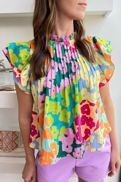 Mehrfarbige Bluse mit abstraktem Print und plissierten Flügelärmeln