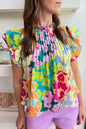 Mehrfarbige Bluse mit abstraktem Print und plissierten Flügelärmeln
