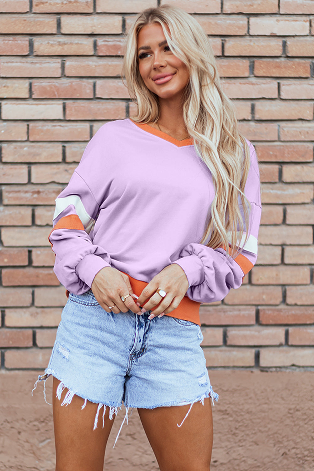 Orchid Bouquet Kontrast Rippstrick Patchwork Überschnittene Schultern V-Ausschnitt Sweatshirt