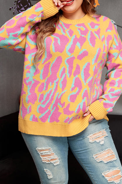 Leuchtend rosa Pullover mit geripptem Leopardenmuster in Übergröße