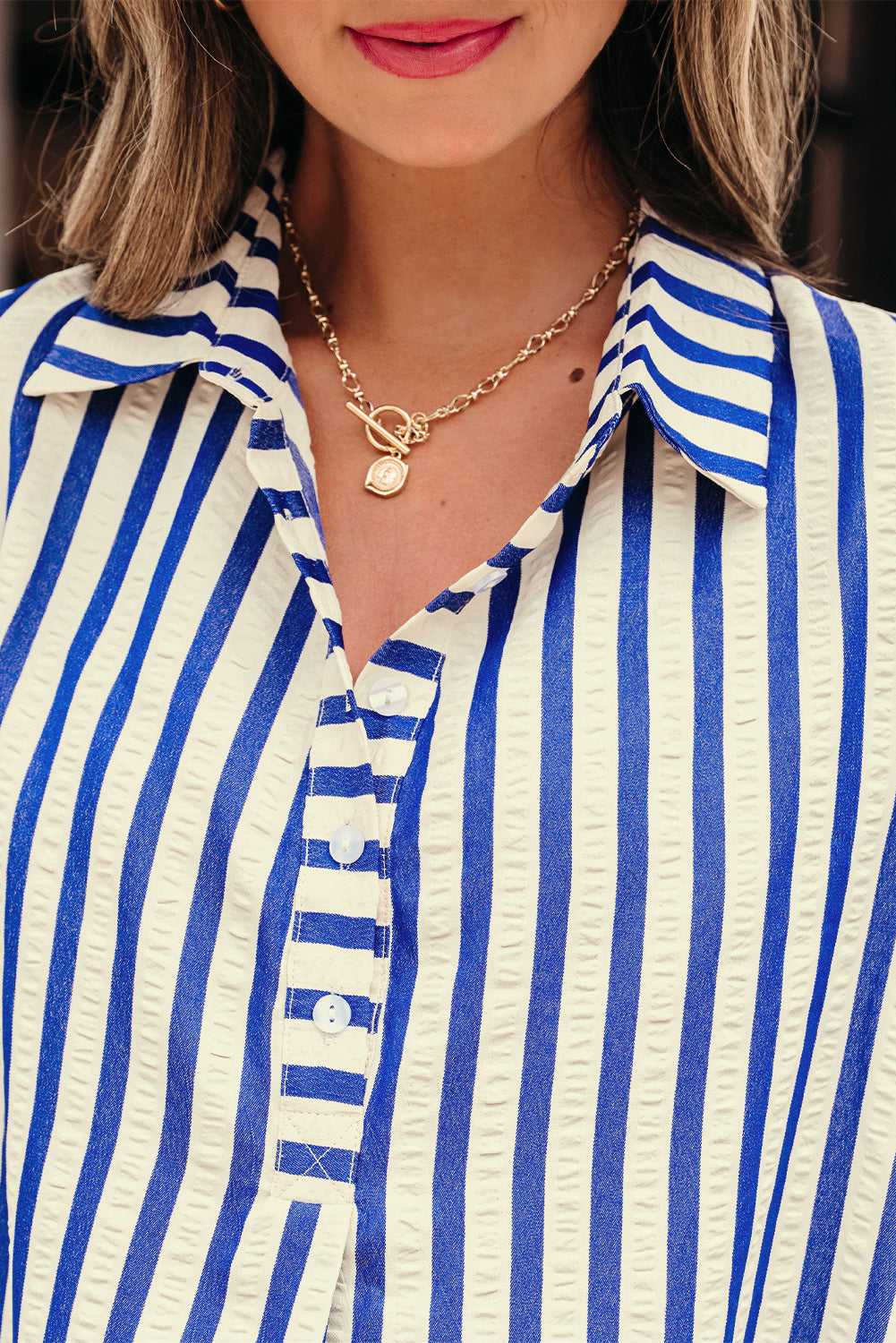 Blue Stripe Collared Half Button Side Pockets Loose Fit Mini Dress