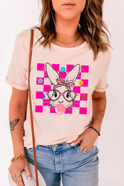 Rosa T-Shirt mit Rundhalsausschnitt und kariertem Osterhasen-Blumendruck