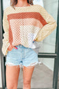 Aprikosenfarbener Pointelle-Strick-Baggy-Pullover mit Farbblockdesign