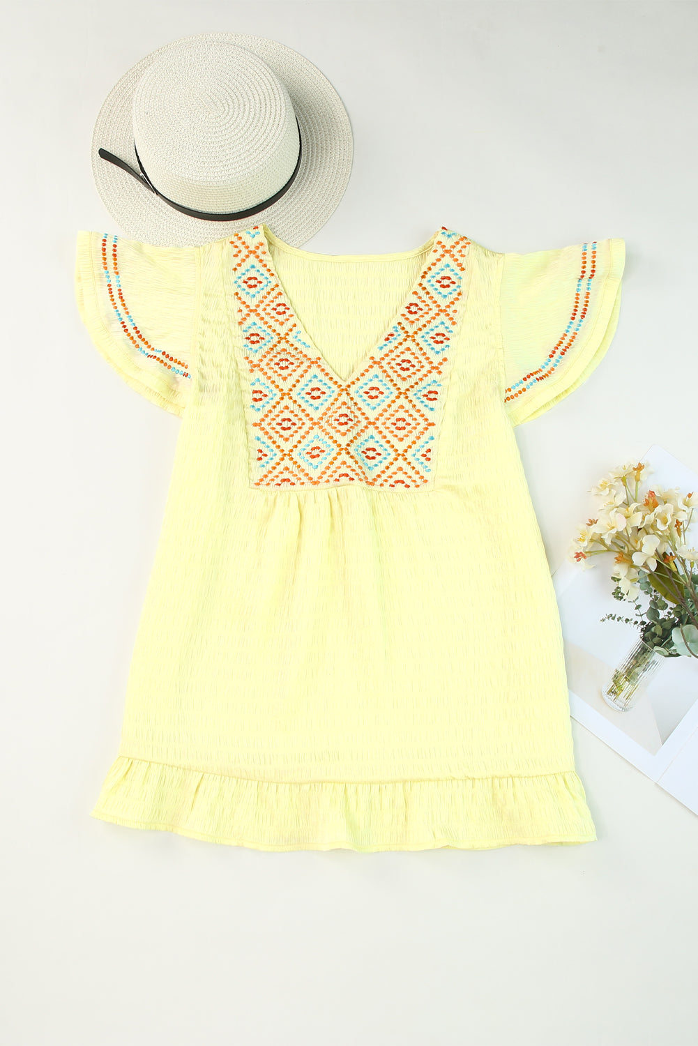 Yellow Geometric Embroidery Textured Top with Ruffles