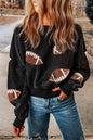 Schwarzes Sweatshirt mit offener Rückseite und Rugby-Grafik und Pailletten