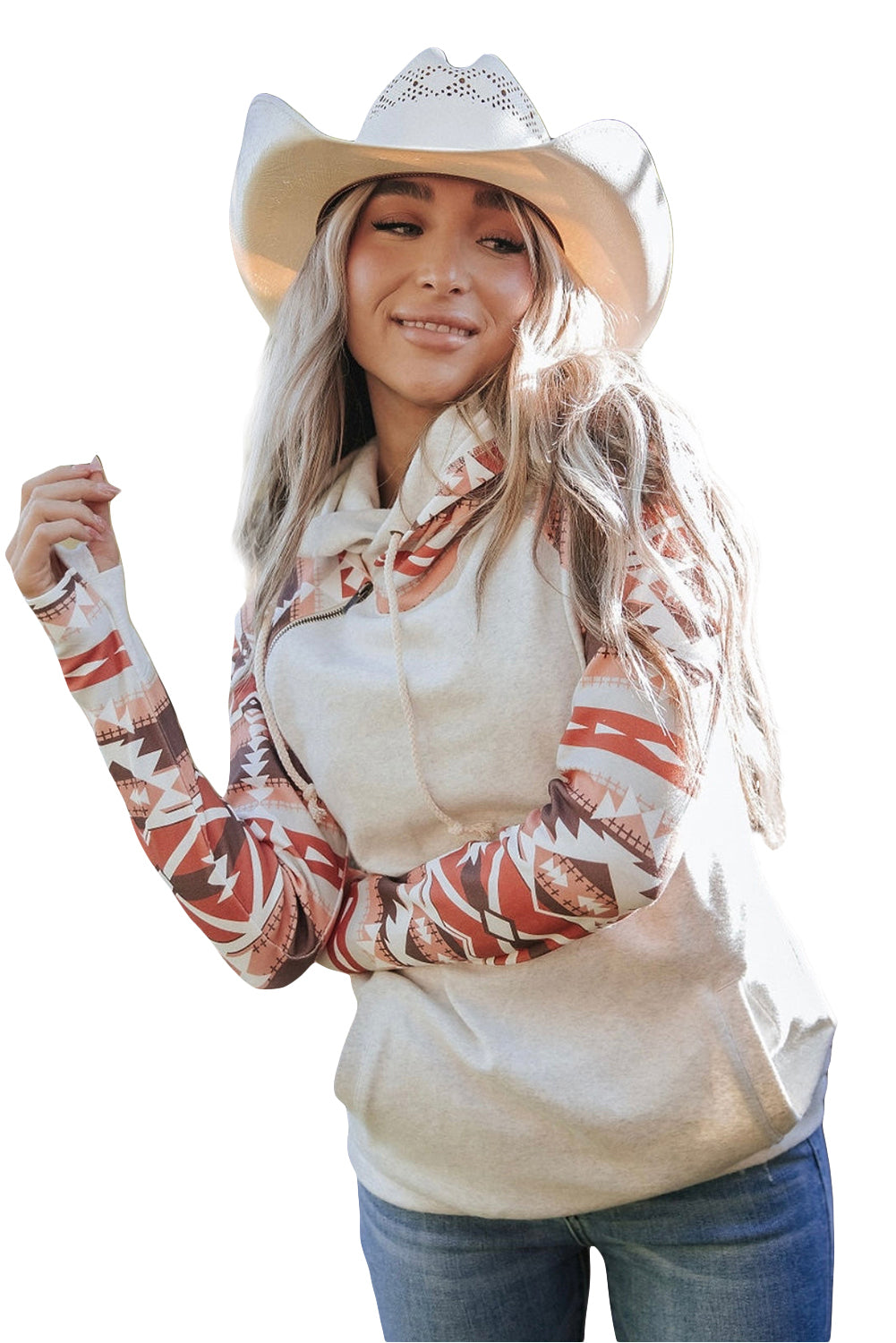 Patchwork-Hoodie mit Doppelkapuze im Western-Azteken-Print