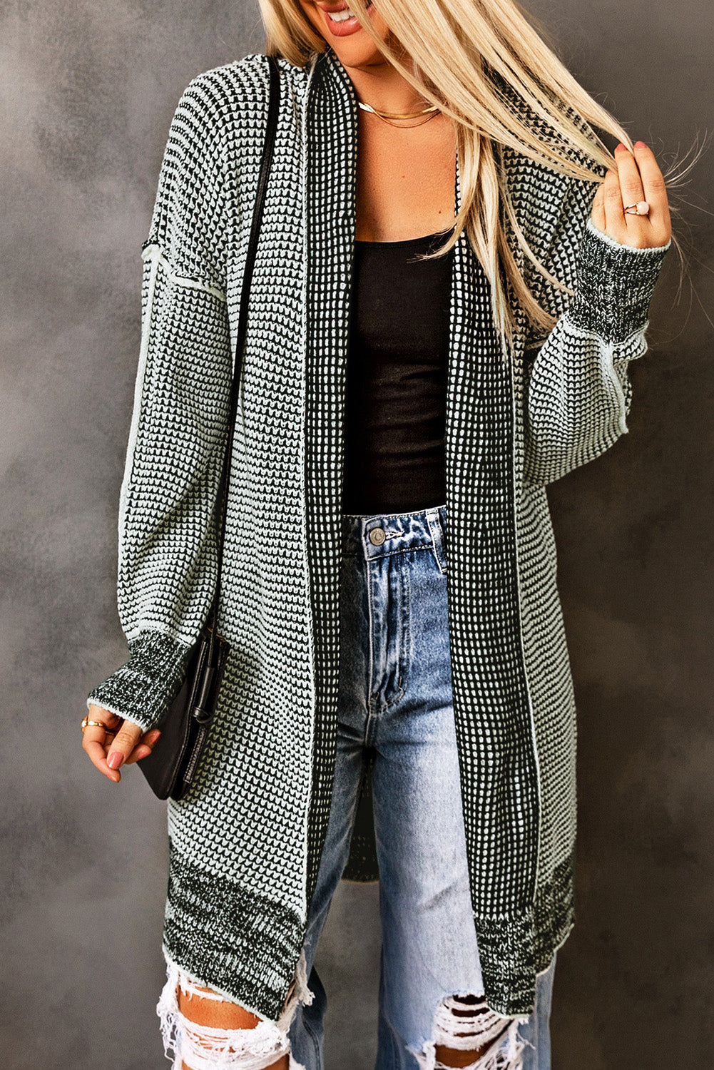 Grau karierte, lange Strickjacke mit offener Vorderseite