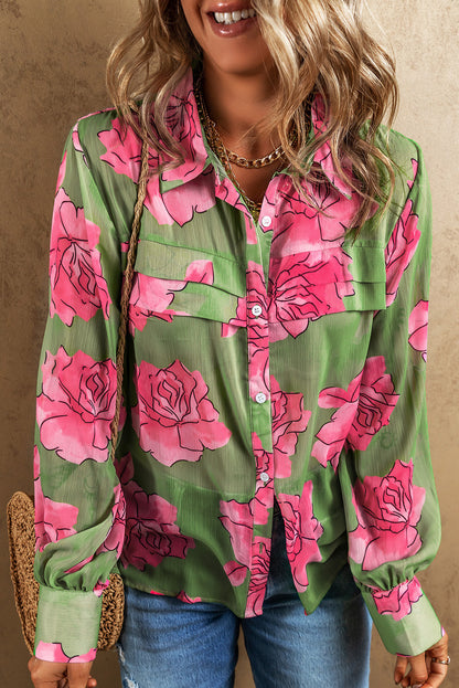 Grünes Hemd mit Puffärmeln und Blumenmuster