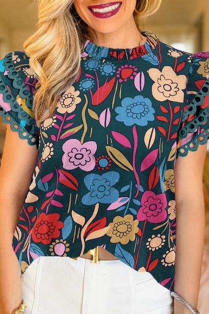 Grüne Sommerbluse mit Rüschenärmeln und Blumenmuster