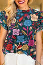 Grüne Sommerbluse mit Rüschenärmeln und Blumenmuster