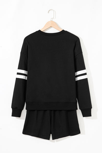 Black Varsity Striped Sleeve Drop Shoulder Sweatshirt and Short Set