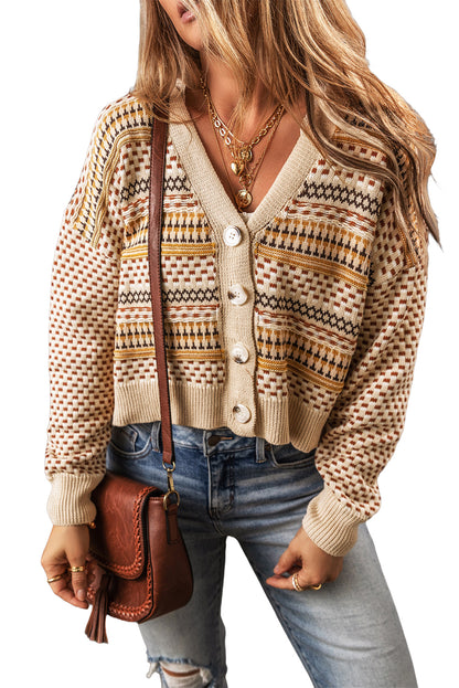 Khakifarbene, kurze Strickjacke mit V-Ausschnitt und Knöpfen