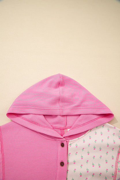 Pink Mixed Texture Waffle Floral Patchwork Hooded Oversize Pullover
