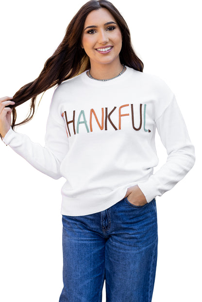 Weißer Pullover mit Stickerei „Thankful Ivory“