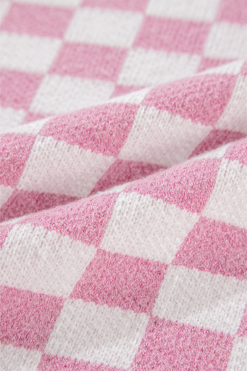 Rosa karierter Pullover mit Knöpfen, Kragen, V-Ausschnitt und überschnittenen Schultern