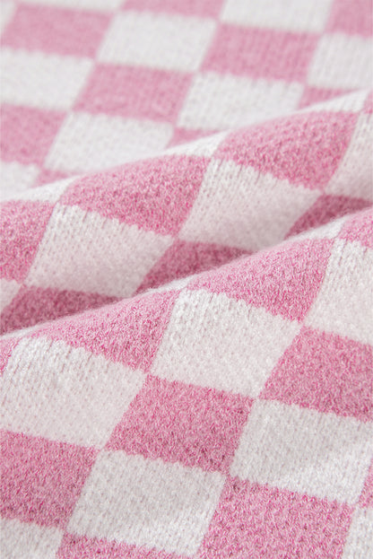 Rosa karierter Pullover mit Knöpfen, Kragen, V-Ausschnitt und überschnittenen Schultern