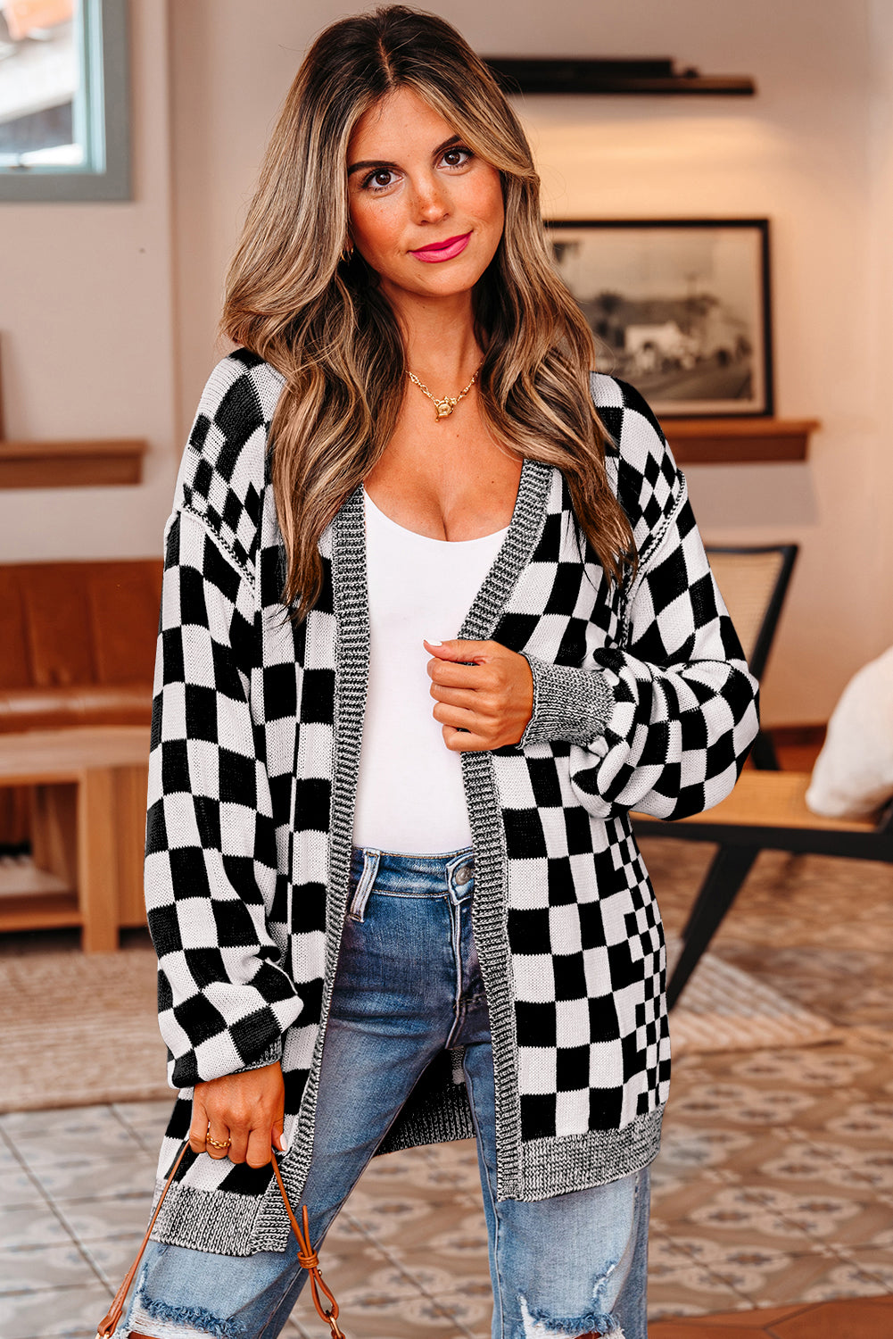 Black Checkered Open Front Drop Shoulder Cardigan
