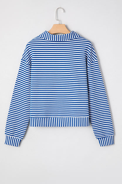 Blue Stripe Quarter Zip Collar Pullover Long Sleeve Top
