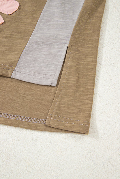 Green Flower Patched Exposed Seam Bracelet Sleeve Oversized T Shirt