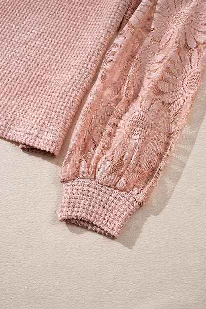 Pfirsichblüten-Sonnenblumen-Netz-Oberteil mit Puffärmeln und Waffelstrick