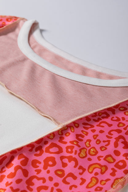 Peach Blossom Leopard Colorblock Patchwork Top mit sichtbaren Nähten
