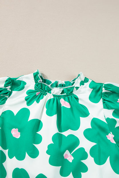 Grüne Bluse mit Blumenmuster, Puffärmeln und Rüschenausschnitt