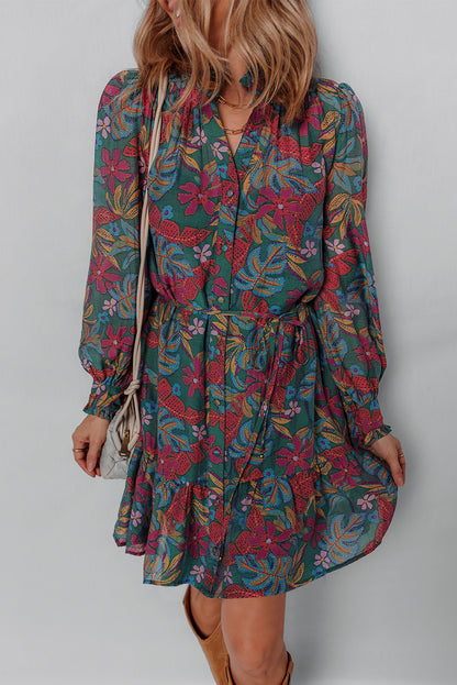 Green Floral Friled V Neck Puff Sleeve Ruffled Shirt Dress