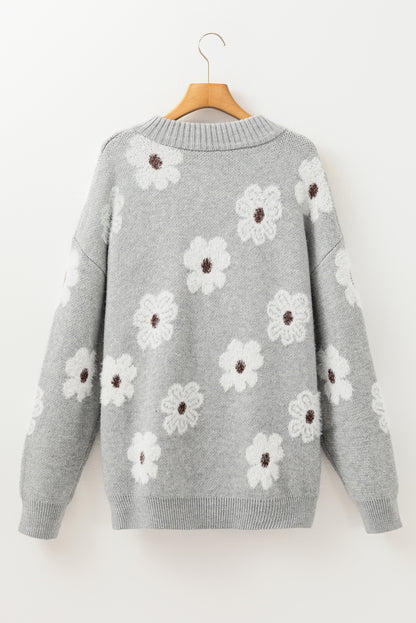 Grauer Pullover mit halbem Reißverschluss und Blumenmuster in Übergröße