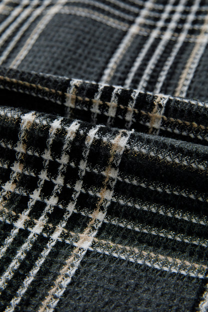 Black Plaid Print Textured Knit Buttoned Shacket