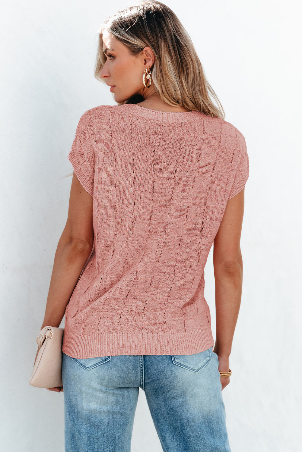 Staubrosa Strickpullover mit Gitterstruktur und kurzen Ärmeln