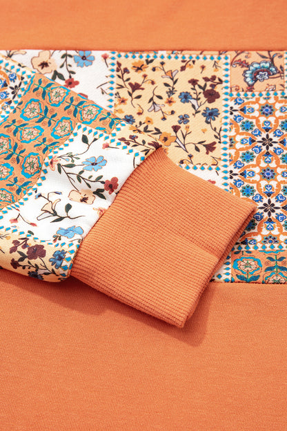 Flamingo Mix Floral Patchwork Side Slit Drawstring Hoodie