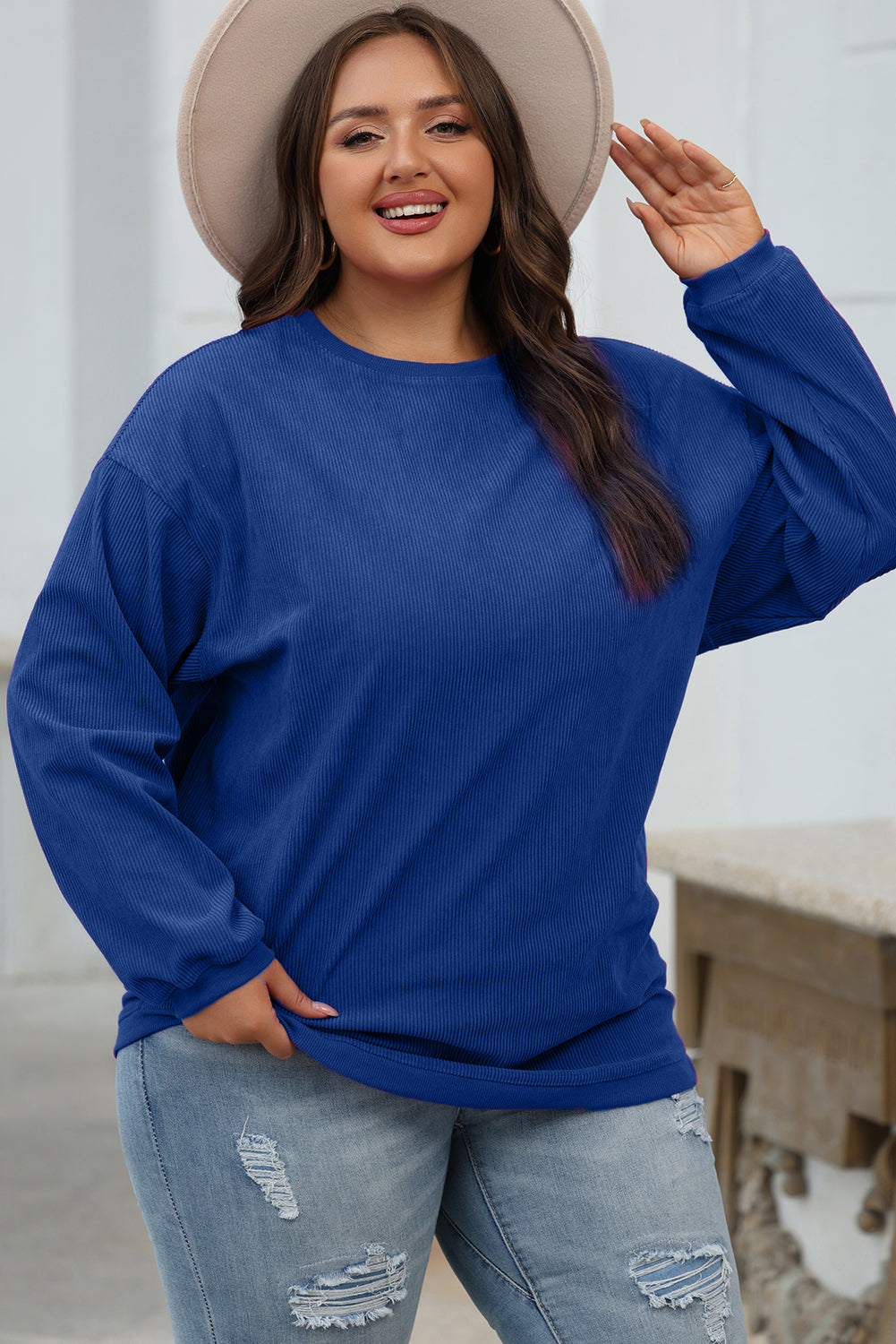 Dunkelblaues Oversize-Sweatshirt aus geripptem Cord