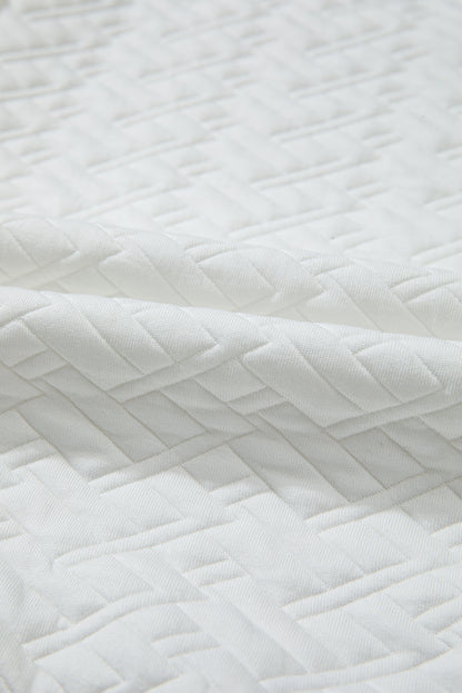 White Textured Pocketed Collared V Neck Pullover Sweatshirt