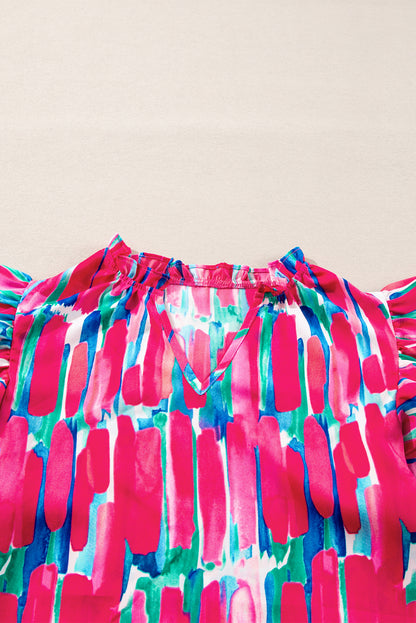 Bluse mit V-Ausschnitt und abstraktem Pinseldruck und Rüschenärmeln
