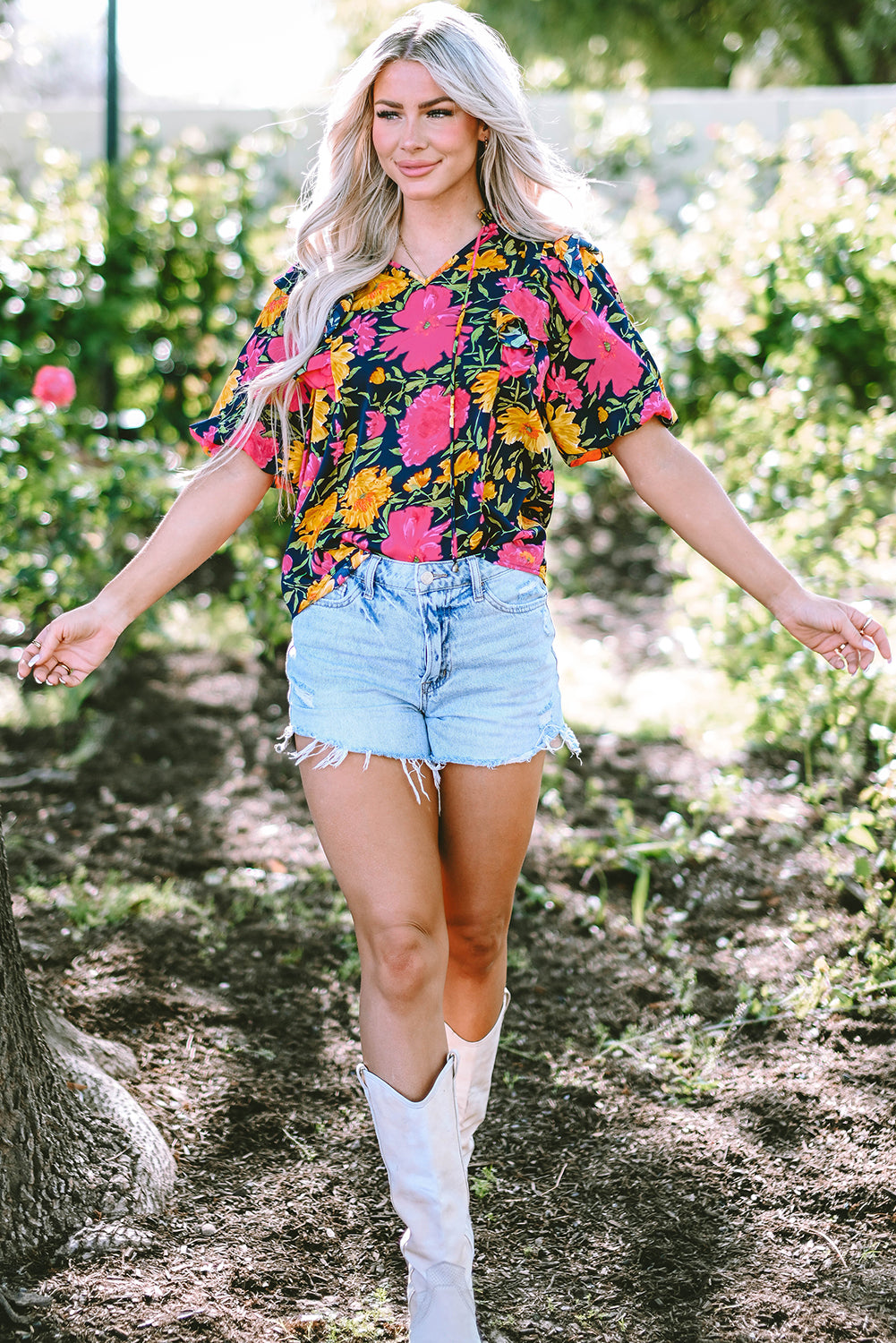Rose Red Floral Bubble Sleeve Notch V Neck Ruffled Blouse