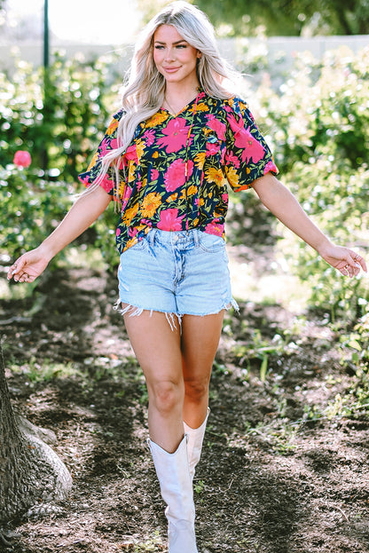 Rose Red Floral Bubble Sleeve Notch V Neck Ruffled Blouse