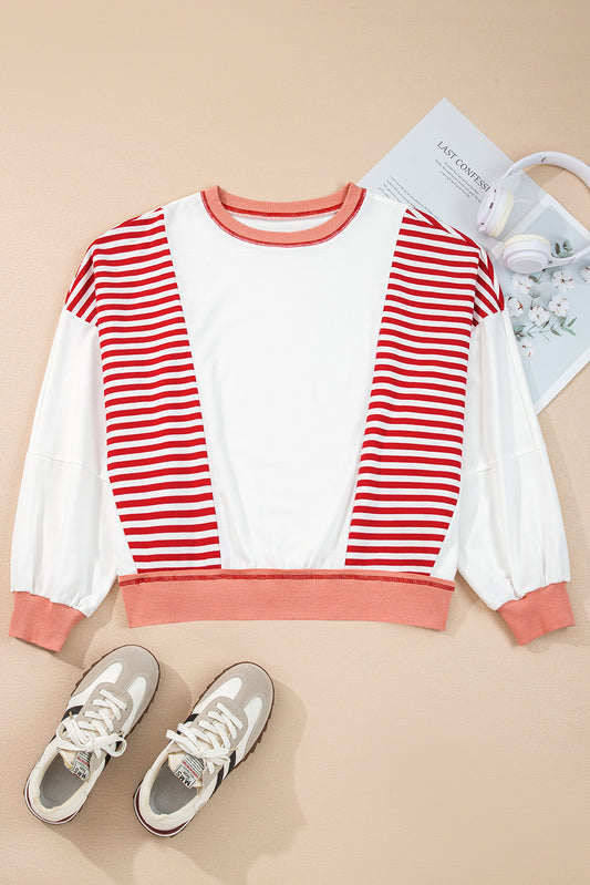 Red Stripe Colorblock Patchwork Contrast Stitching Oversize Sweatshirt