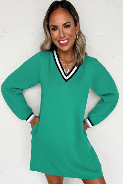 Mint Green Varsity Contrast Striped V Neck Long Sleeve T Shirt Dress with Pockets