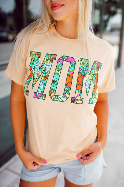 Khakifarbenes T-Shirt mit MOM-Blumenbuchstaben-Print