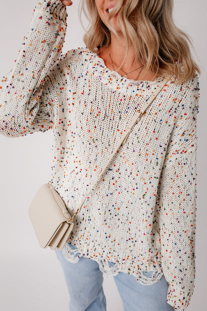 White Colorful Popcorn Knit Distressed Tunic Sweater